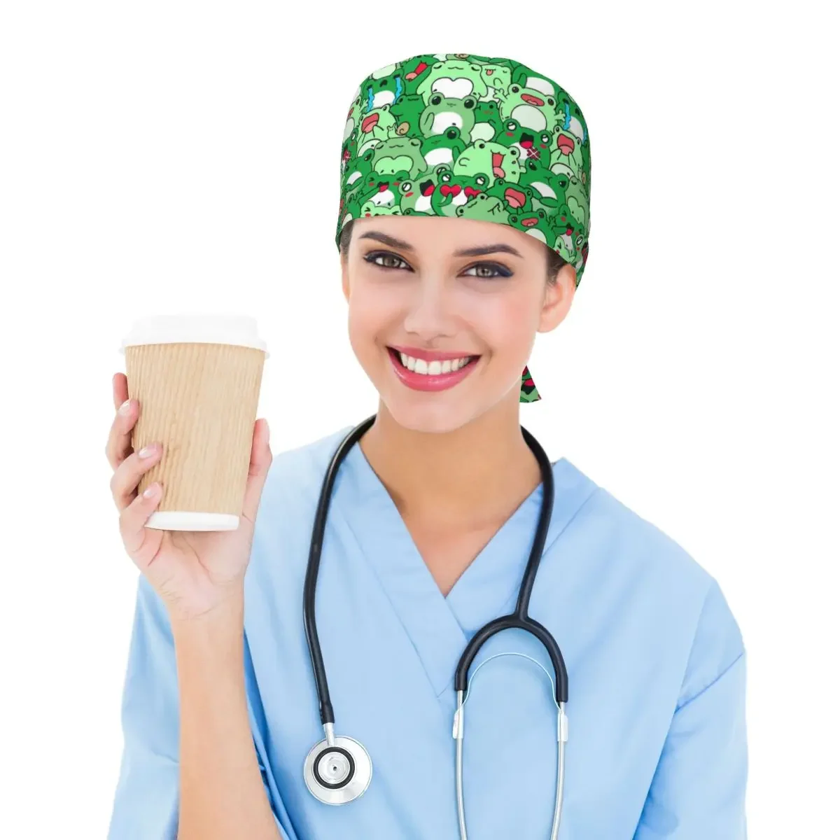 Crowded Cute Frog Pattern Scrub Hat Doctor Working Surgical Cap Unisex Adjustable Nursing Caps for Dentist