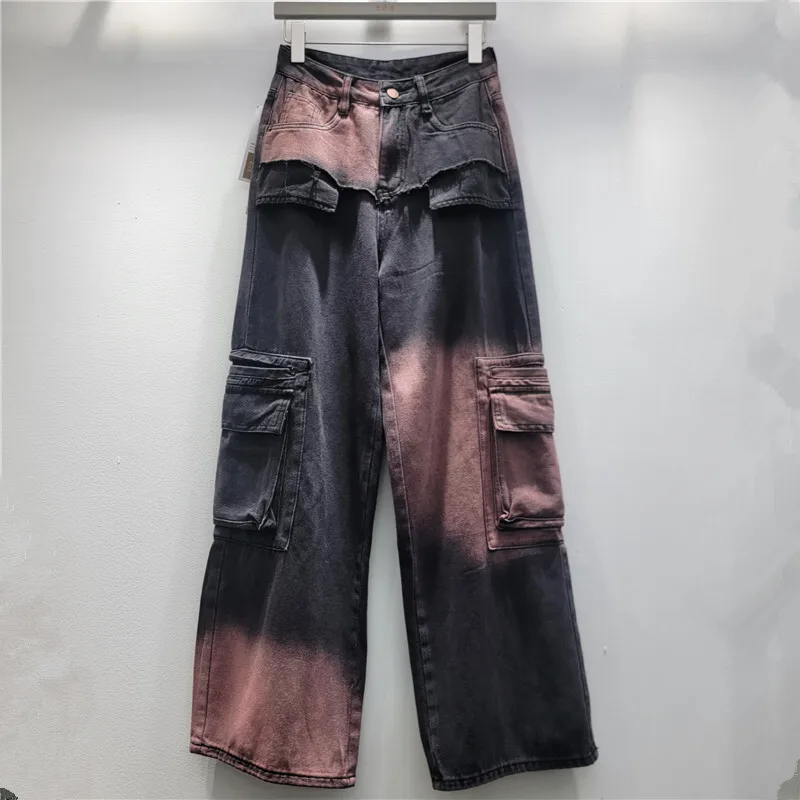 [zoci] Multi Pocket Splicing Contrasting Color Work Pants 2024 Autumn New Style, Hanging Feeling, Denim Floor