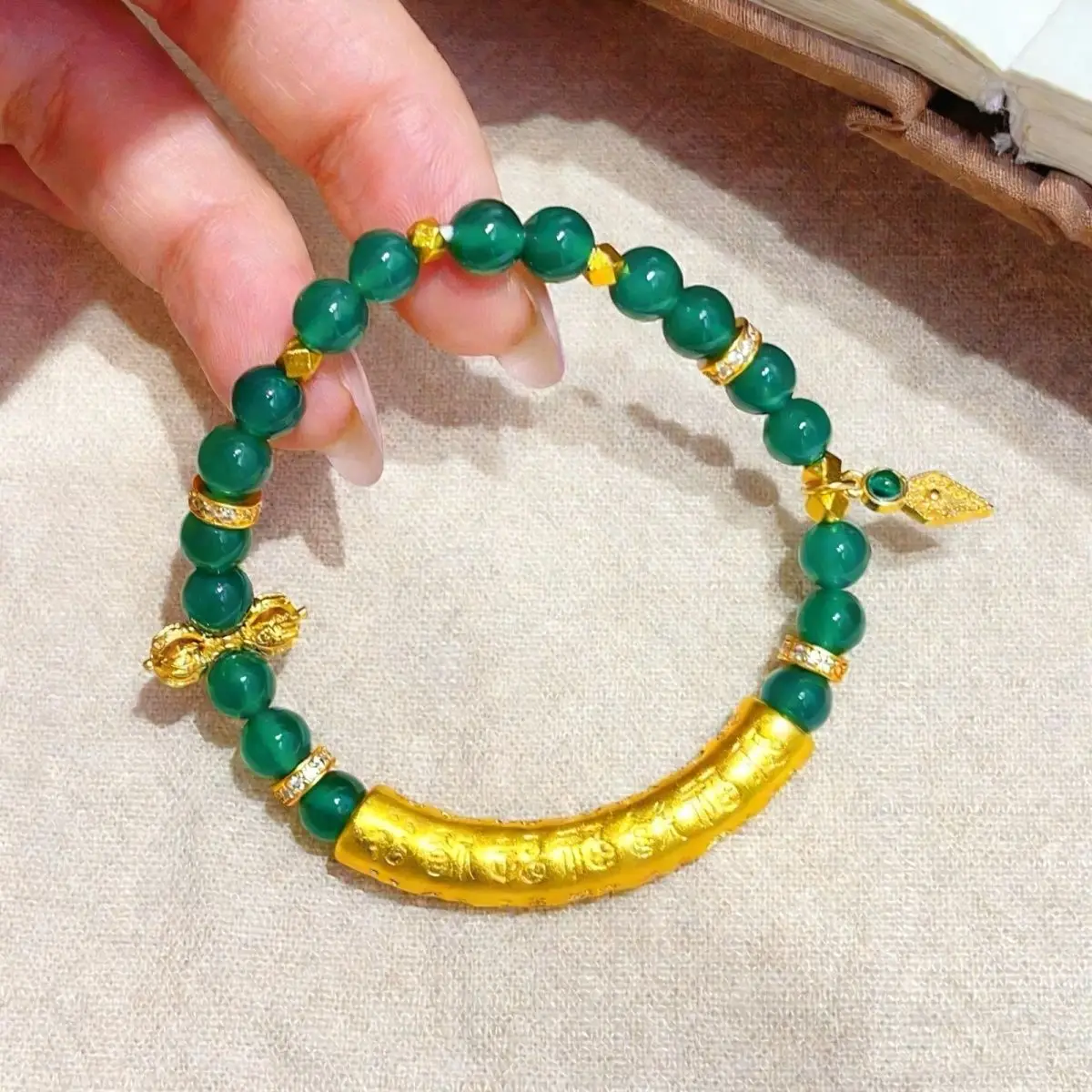 Chinese Style Lucky Blessing Traditional Hundred Fu Curved Bar Vajra Green Chalcedony Beaded Bracelet Vintage Wealth Attracting
