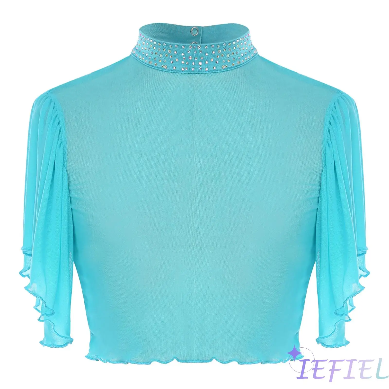 

Womens Lyrical Dance Crop Cardigan Rhinestone Mock Neck Short Sleeve Open Back Sheer Mesh Cover Up Top for Ballet Modern Dance