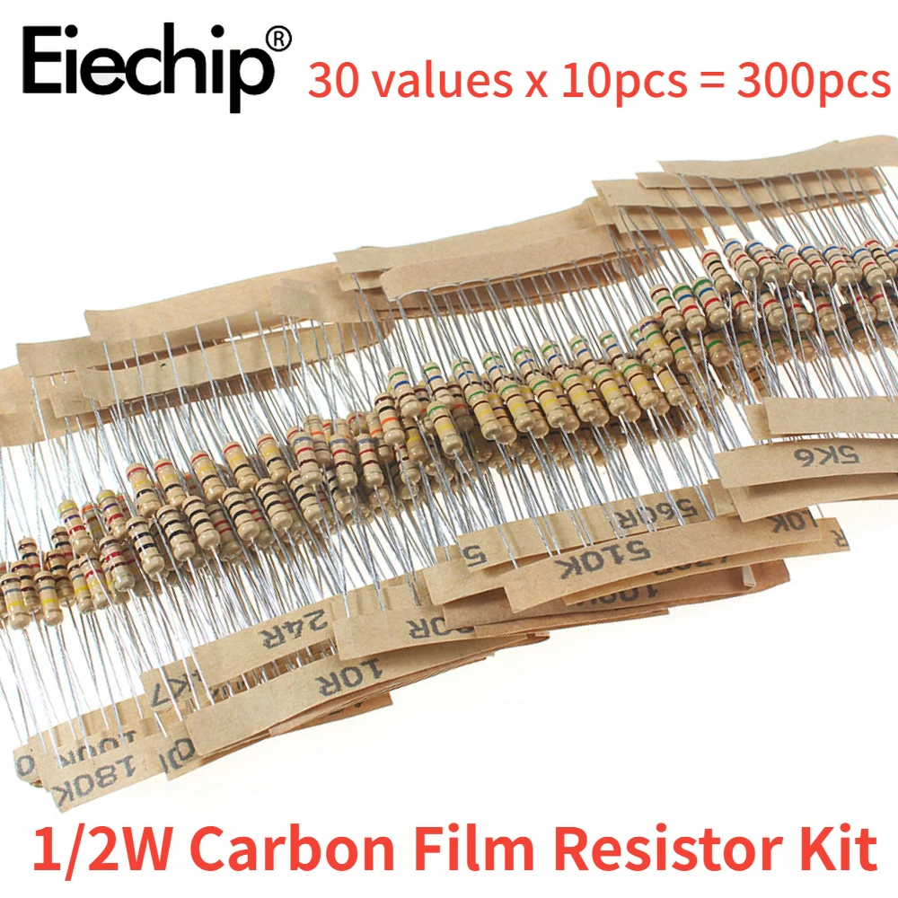 300PCS 1/2W Carbon Film Resistor Kit 5% 1 Ohm ~ 3M Color Ring Resistance Assortment 30 Values Set of 0.5W Resistors