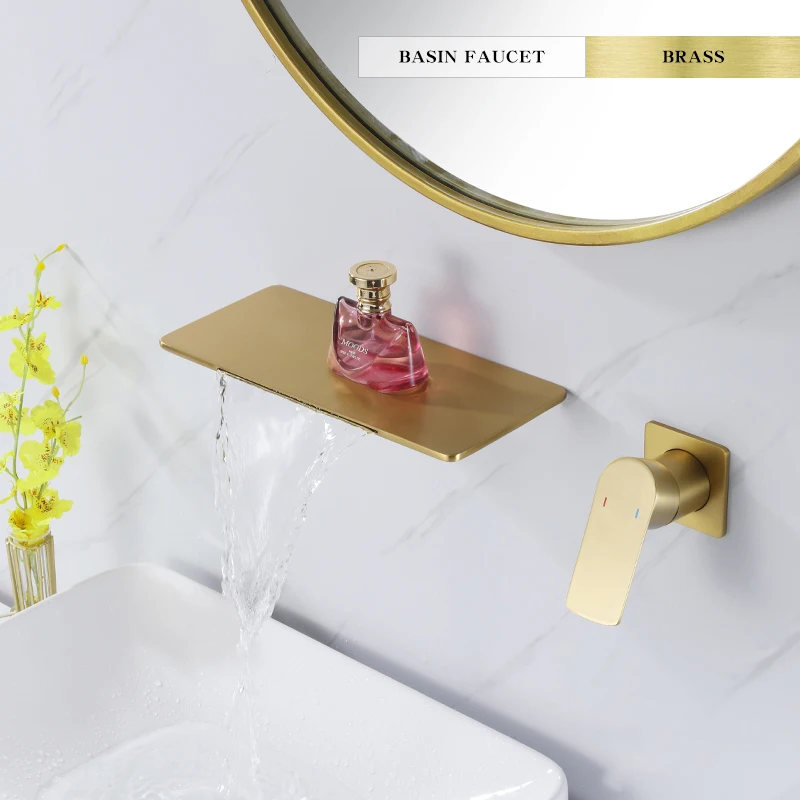 Brushed gold wall-mounted storage, waterfall faucet, concealed built-in hotel washbasin, cold and hot water faucet, storage plat