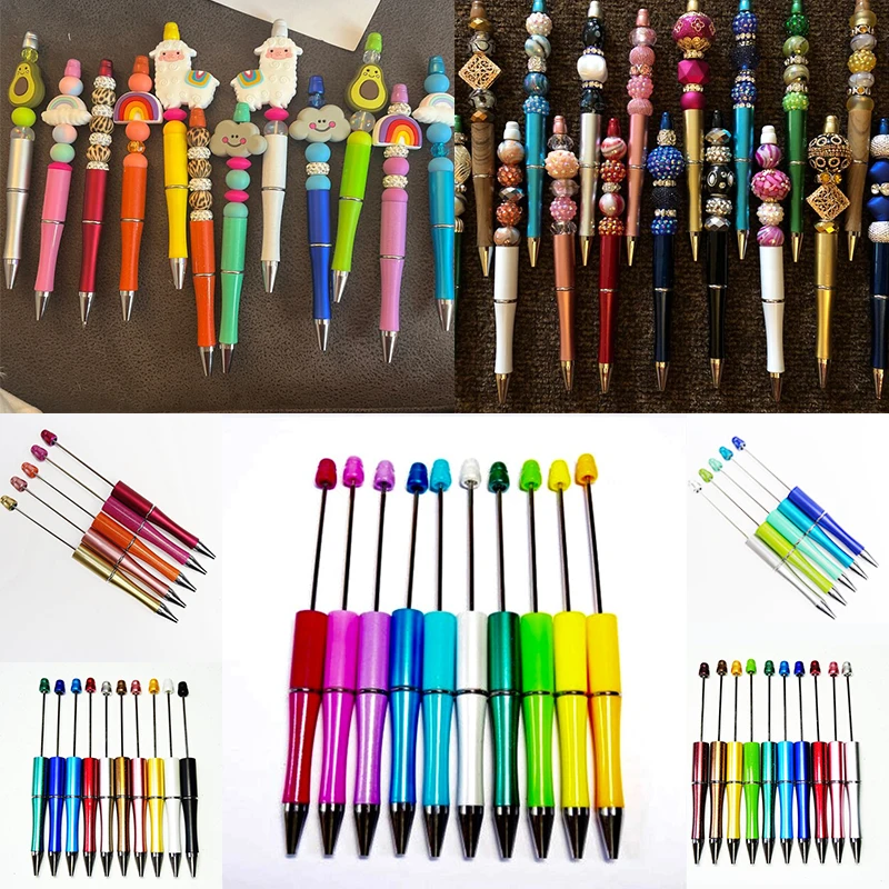 Pack 20 Plastic Color Sparkles Beadable Pens DIY Bead Ballpoint Pens Black Ink DIY Beaded Ballpoint Pen School Office Supplies