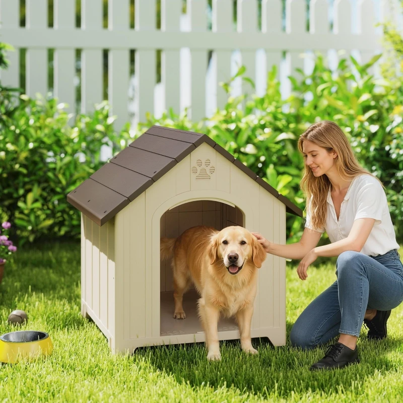 Nichoir surélevé résistant aux intempéries 88 x 79 x 89 cm avec toit en asphalte rabattable, ancres au sol, abri spacieux pour chiens de taille moyenne à grande jusqu'à 30 kg, construction en PP épaissi avec colonnes de support, plancher surélevé et fentes de ventilation