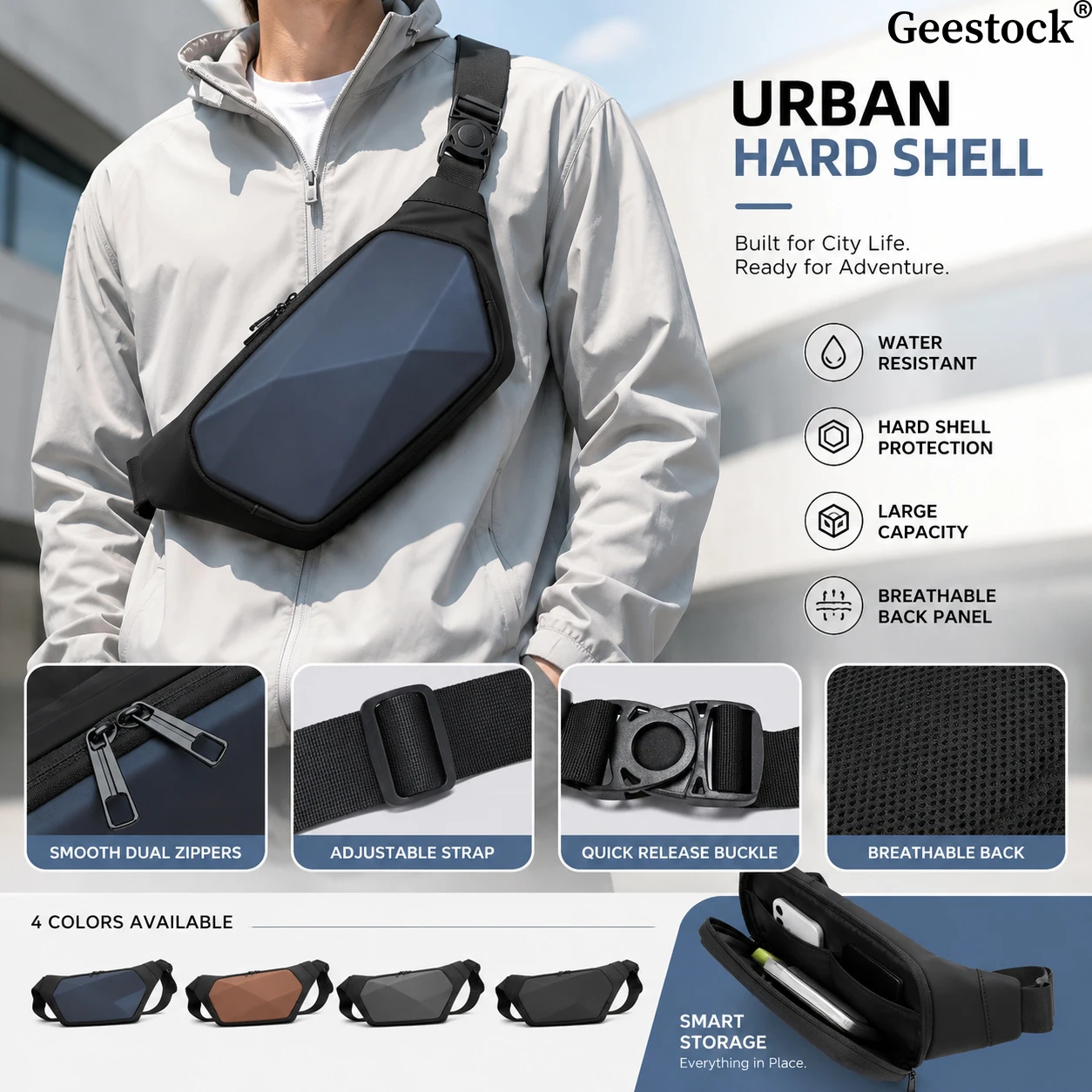 Geestock Chest Bag Urban Mens Hard Shell Water Resistant Large Capacity Crossbody Sling Waist Pack For Work Commuting Cycling Tr