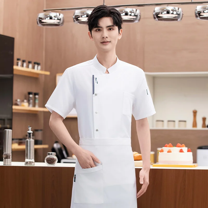 Manteau de Chef de cuisine de Restaurant, vêtements de travail noirs, veste de Chef en maille respirante à manches courtes, uniforme de chef avec tablier, accessoires pour hommes