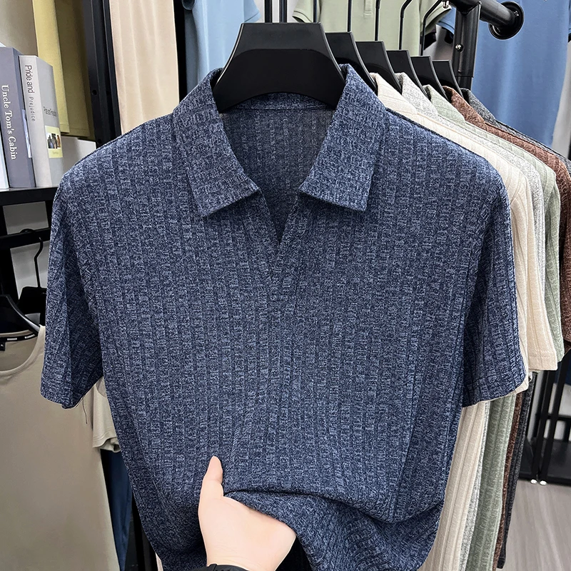 Herren Atmungsaktives Strick-Poloshirt Kurzarm V-Ausschnitt Gestreifter Stoff Bequem Leichtgewichtig Lässig Business Tägliche Kleidung – Detail 13