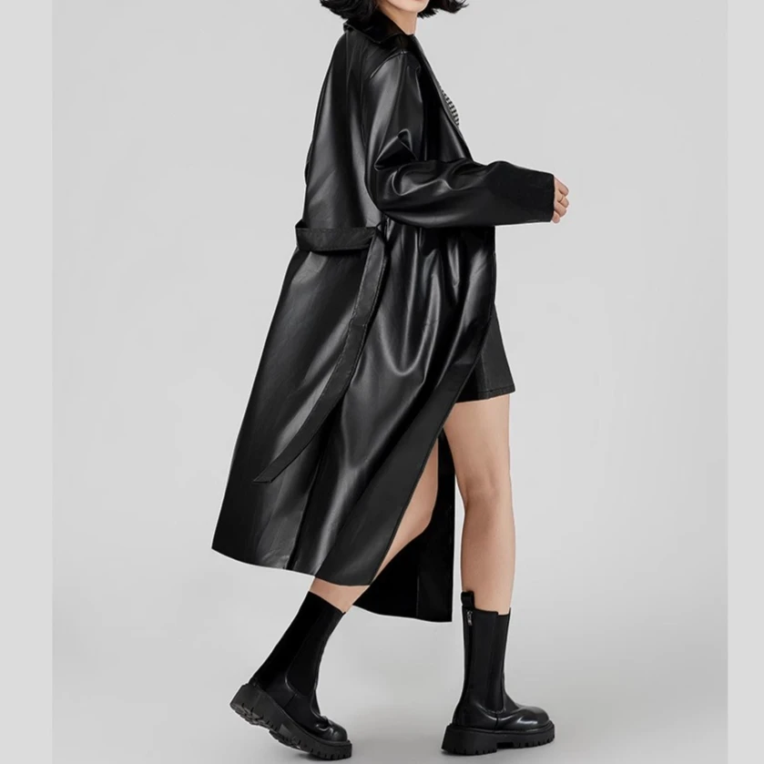 Women Mid Length Coats Faux Leather Jackets Turn Down Collar Pu Coat Work Y2k Streetwear Tight Waist Jacket Outerwear 2026