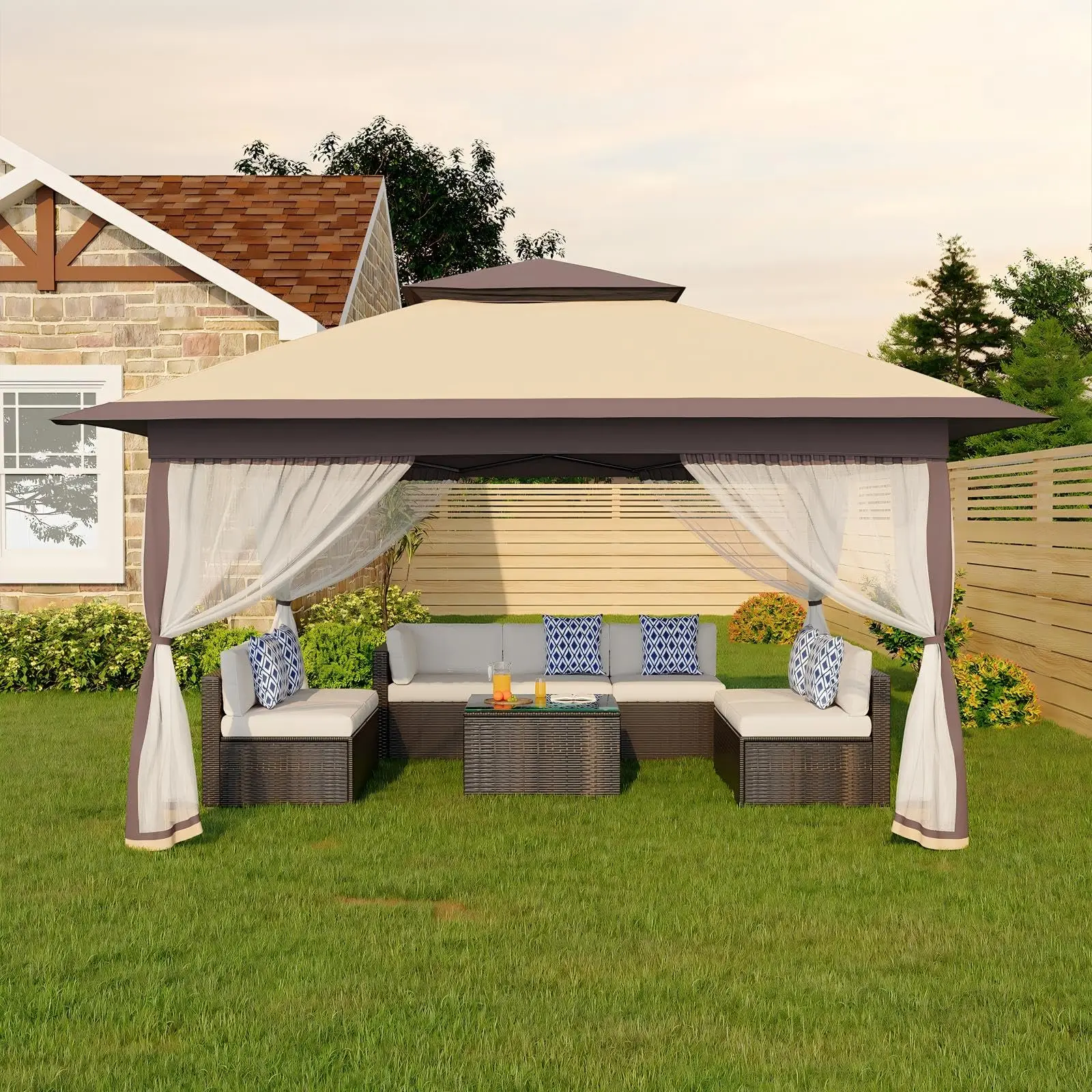 Abri de jardin portable robuste 3x3m, imperméable, protection UV50+, hauteur réglable, avec 4 parois latérales amovibles anti-moustiques pour patio et jardin