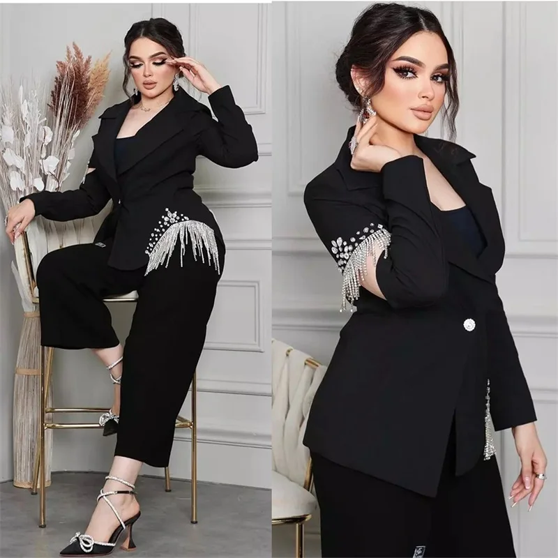 

Black Women Suits Set For Wedding Crystal Beading Luxury 2Pcs Custom Made Blazert+Cropped Pants Formal Office Lady Prom Dress