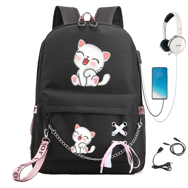 Kawaii Kätzchen Schult aschen für Schüler Teenager Frauen Laptop Rucksack USB süße Katze schwarz Teenager Rucksack Schult asche Rucksack