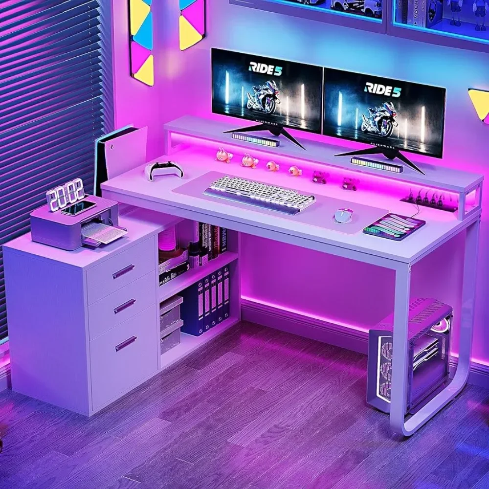 L-shaped computer desk with 3 drawers with power socket and LED light, L-shaped table with home office filing cabinet