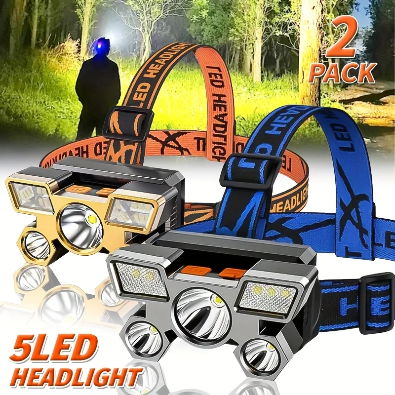 

Налобный фонарь с 5 светодиодами, 1 шт., перезаряжаемый через USB, портативный, с регулируемым углом наклона, для приключений, рыбалки, работы, путешествий и кемпинга.