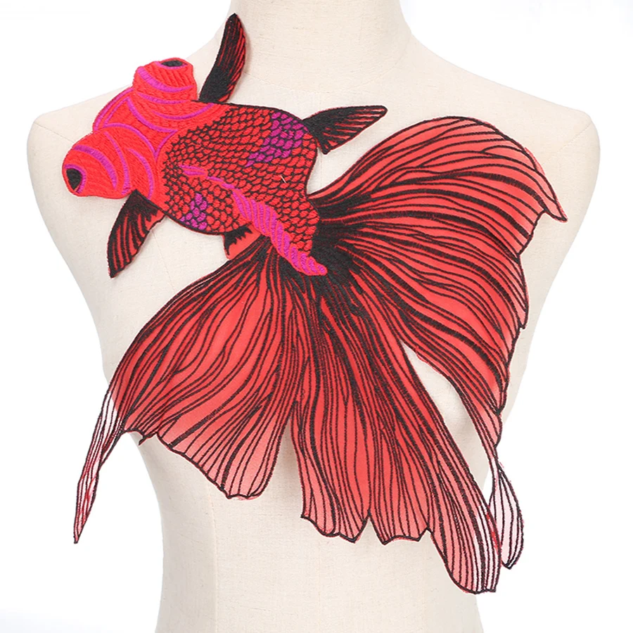 1PC 38*35 Big Fish Embroidered Patches Sewing for Clothes Applique Diy Accessory Suppliers Sticker Lace Neckline collar NL079