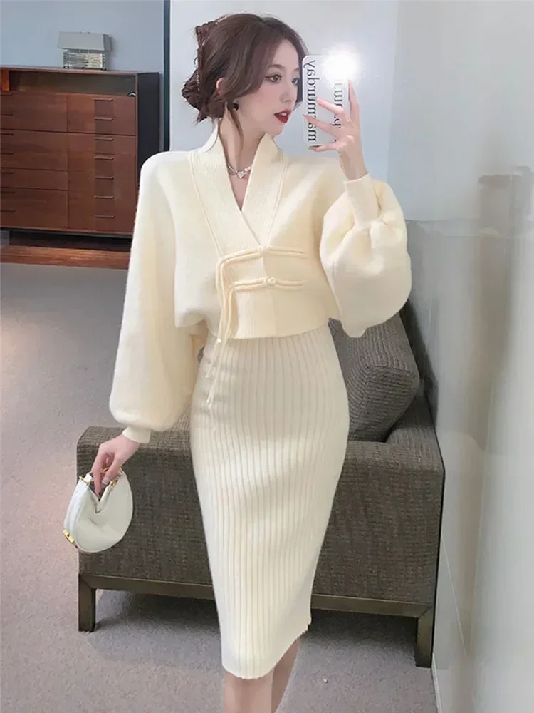 

Fall Winter Fashion Knitted 2 Pieces Sets Women Black Red V Neck Pencil Sling Dress&Long Lantern Sleeve Short Cardigan 2pc Suits