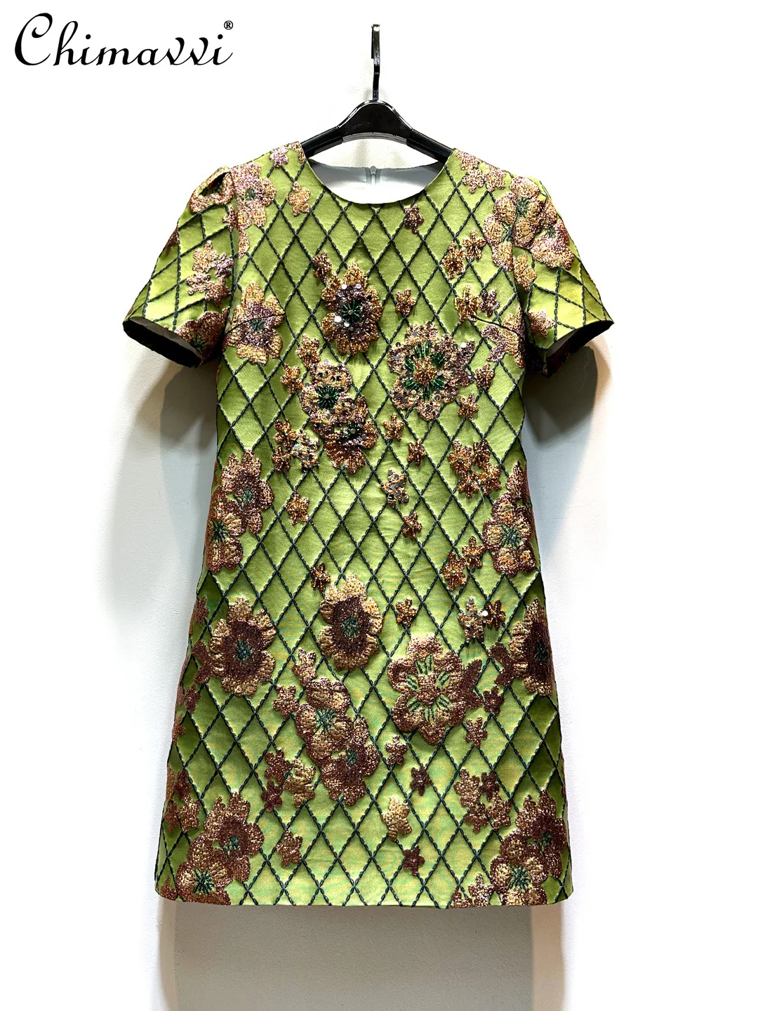 

High-end Gold Thread Jacquard Heavy Bead Short-sleeved Loose Waist Dress Women's Summer New Fashion Round Neck Elegant Dresses