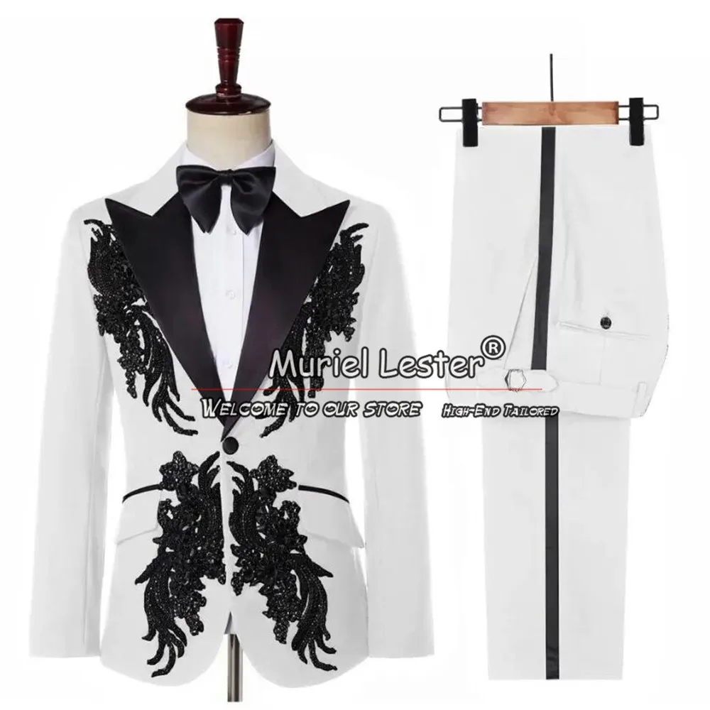 Luxury White Suits Men For Wedding With Black Sparkly Beaded Appliques Blazer Bespoke 2 Pieces Set Banquet Busienss Man Clothing