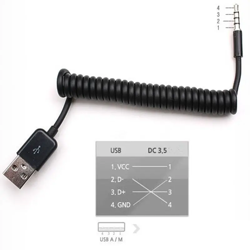 Spring Cable MP3 Download Cable, Charging Cable 3.5mm to USB Data Cable, Car Mounted AUX Conversion, USB Cable, CD Audio Cable