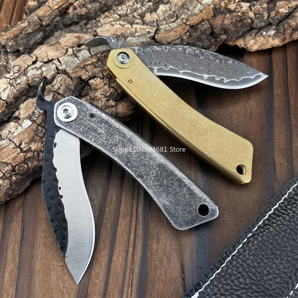 Damascus Steel Blade and Brass Handle stone-washed Finish 5Cr13MoV Blade in Deep Gray 420 Steel Handle EDC Outdoor Folding Knife