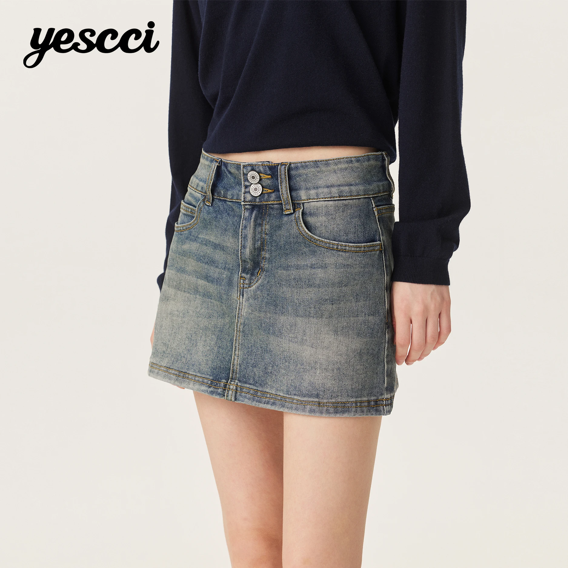 YESCCI high waist washed denim skirt 2026 retro Double Button A-Line Mini Skirt casual Built-in Shorts woman clothes Y606082240