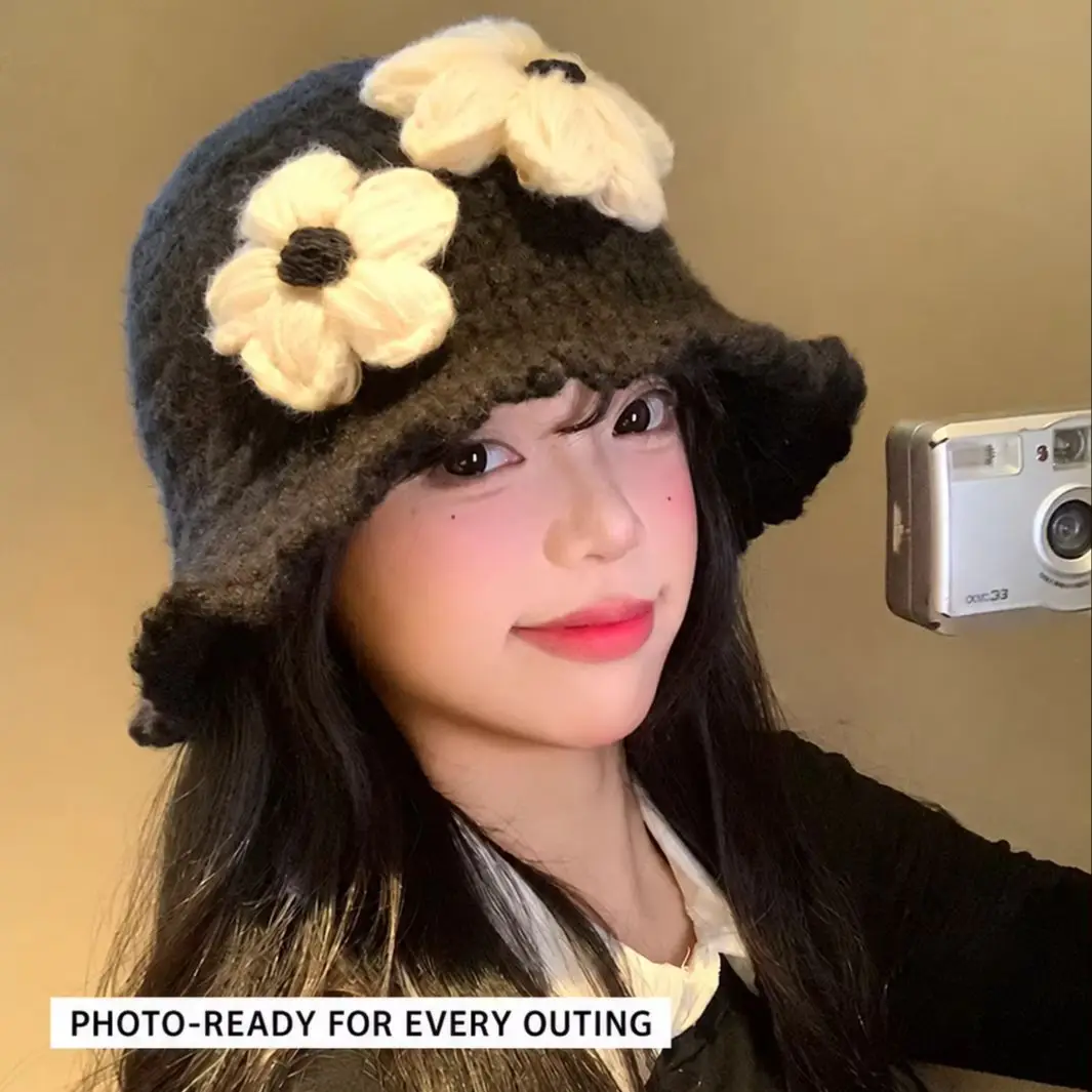 Autumn Winter Slimming Bucket Hat Warm Knitted Hat Large Head Circumference Floral Knit Fisherman's  Women Soft Versatile Simple