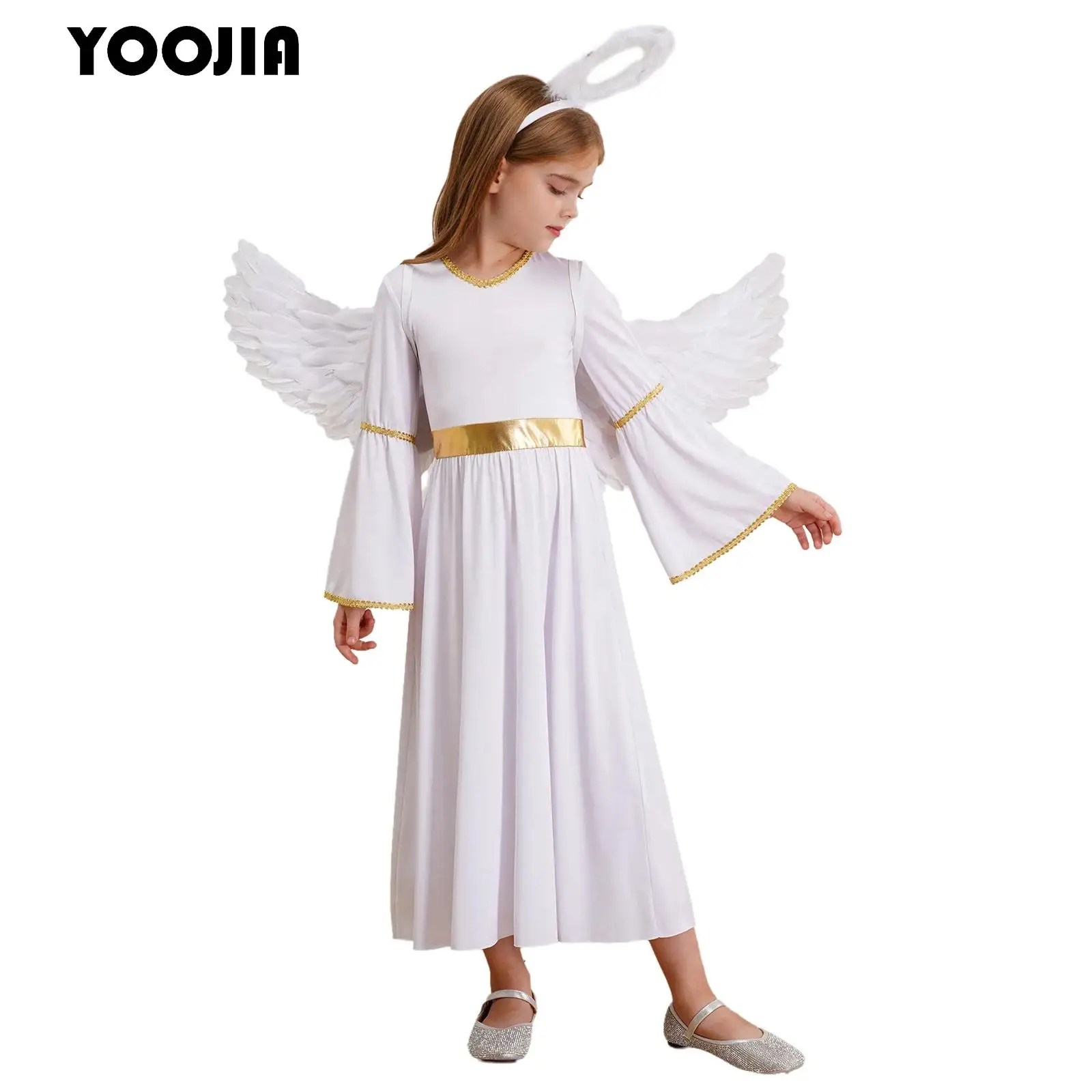 White Angel Costume for Girls Greek God Robe Princess Dress+Feather Wings Cosplay Set for Halloween Party Carnival Performance
