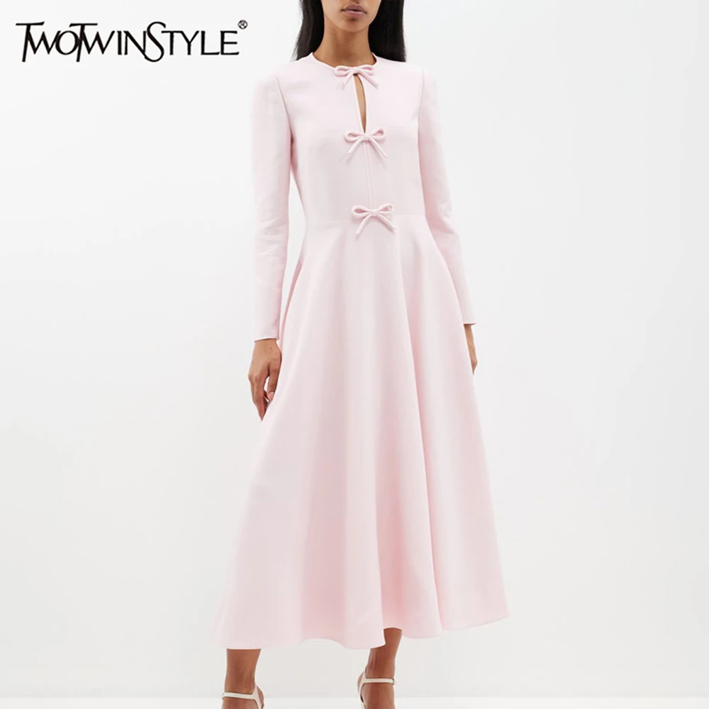 TWOTWINSTYLE Hollow Out Elegant Dresses For Women Round Neck Long Sleeve Patchwork Bowknot Temperament Dress Female Fashion New