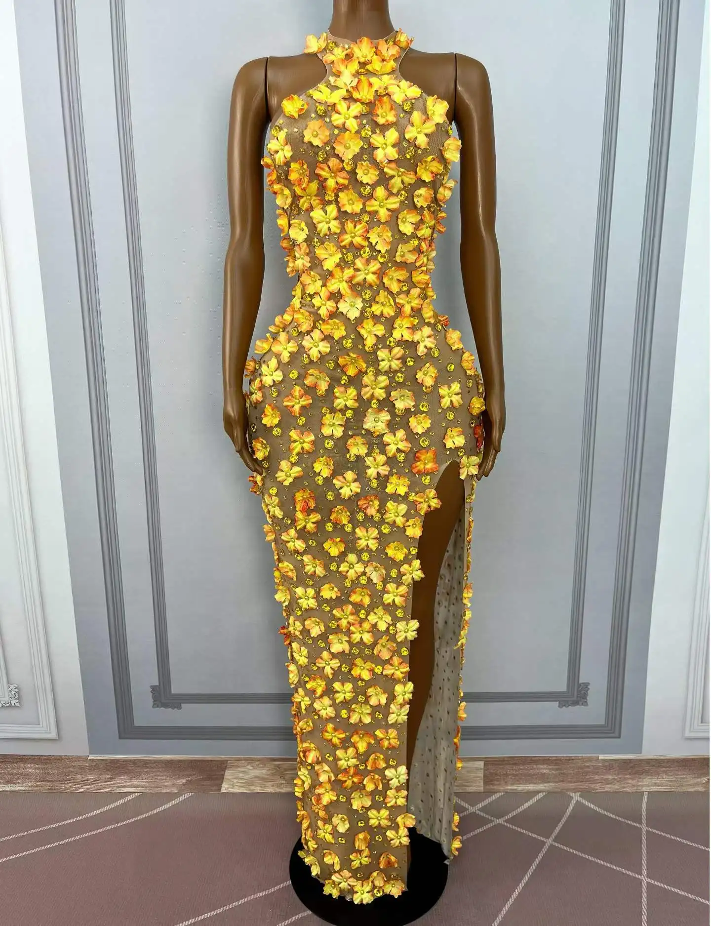 Sexy Fashion Handmade Pearls Petals Rhinestones High Split Mesh Dress Evening Party Gown Show Red Carpet Photo Shoot Stage Wear view 6