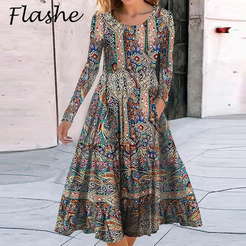 

Autumn Vintage Print Dress Women Casual Long Sleeve Midi Dresses For Women Fashion O Neck Pocket A-line Party Dress