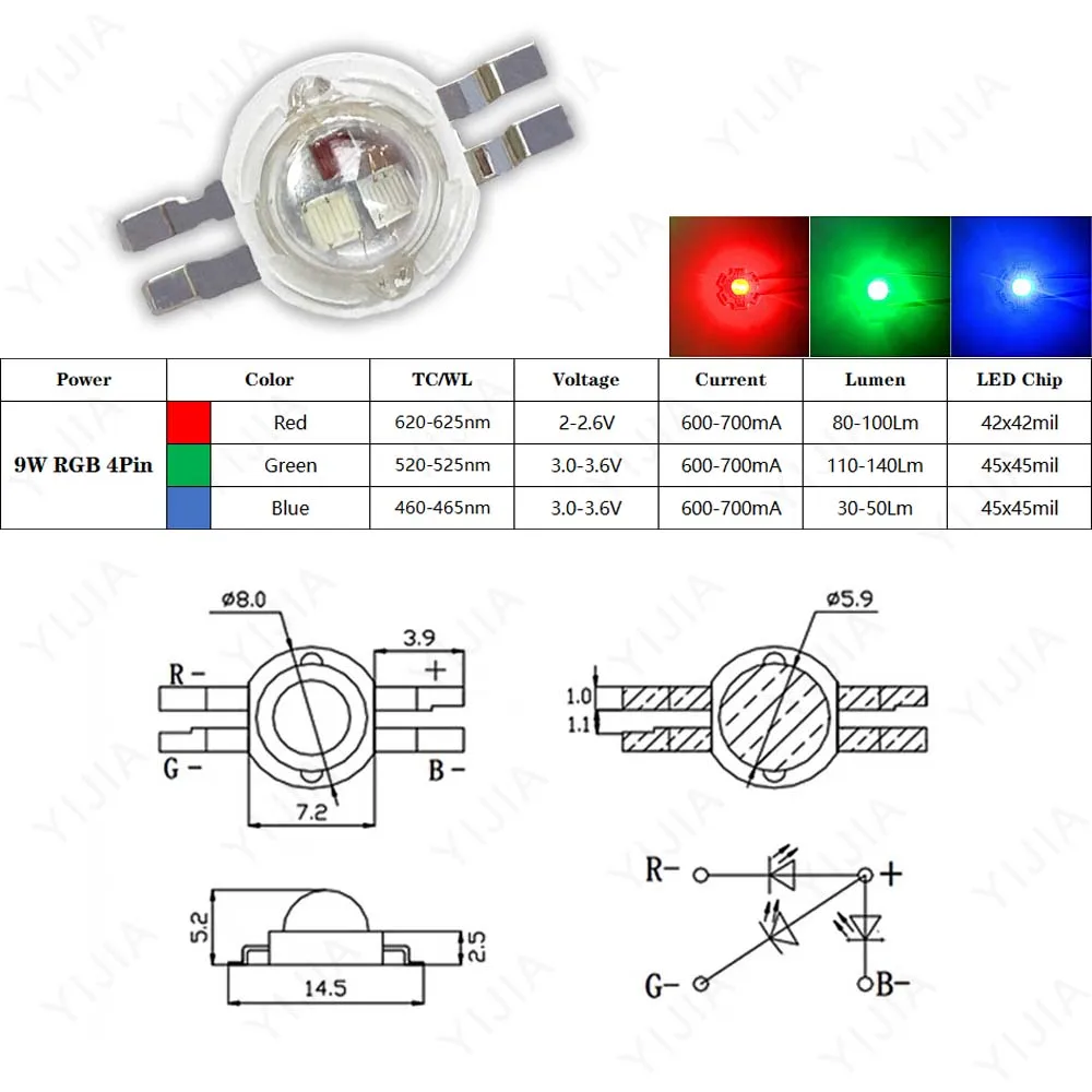 High Power LED Chips 9W 12W 18W 4Pin 6Pin 8Pin 10Pin 12Pin COB SMD Stage Light Doide RGB RGBW RGBWW RGBWY RGBWYV LED Light Beads