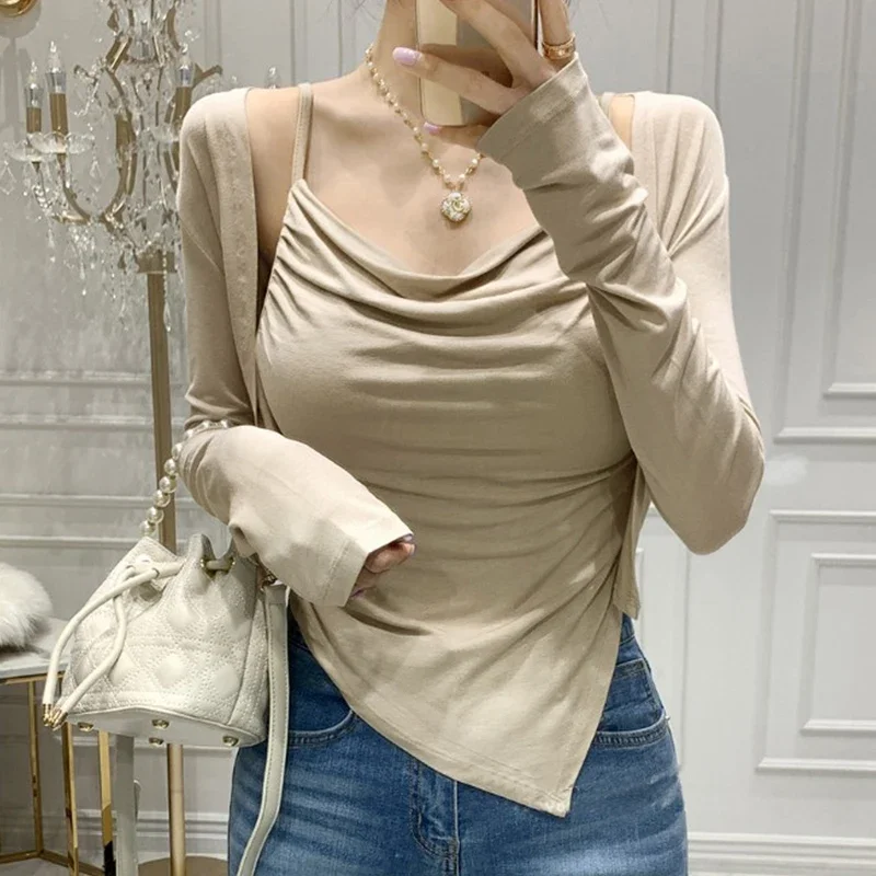 

Elegant Two Piece Tops Set Women Irregular Design Sense Pleat Sling Thin Cardigan Slim Fit All-Matching Fashion Suit 2024 New