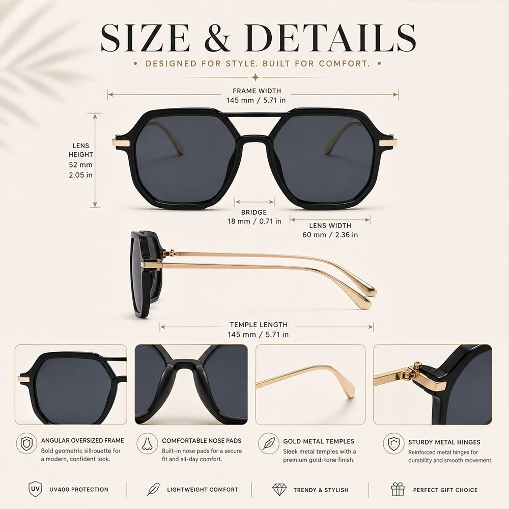 Retro Doppelbrücken-Sonnenbrille Quadratisch für Damen und Herren Vintage UV400 Modische Sonnenbrille für Täglichen Outdoor-Gebrauch – Detail 4