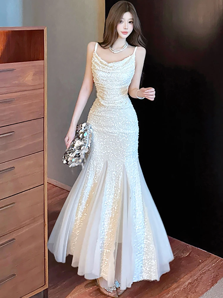 

Women Korean Vintage Luxury Evening Dress Spring Summer White Sequins Patchwork Ruffled Long Dress 2026 Elegant Bodycon Vestidos
