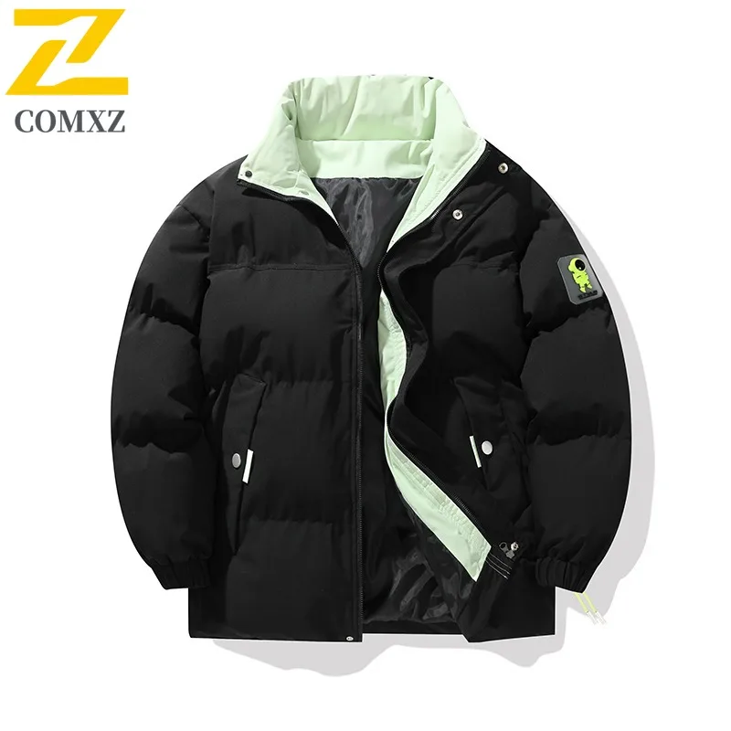 COMXZ 2025 Winter Stand Collar Padded Thick Quilted Jacket Streetwear Fashion Men Solid Color Puffer outdoor sports Cotton Coat