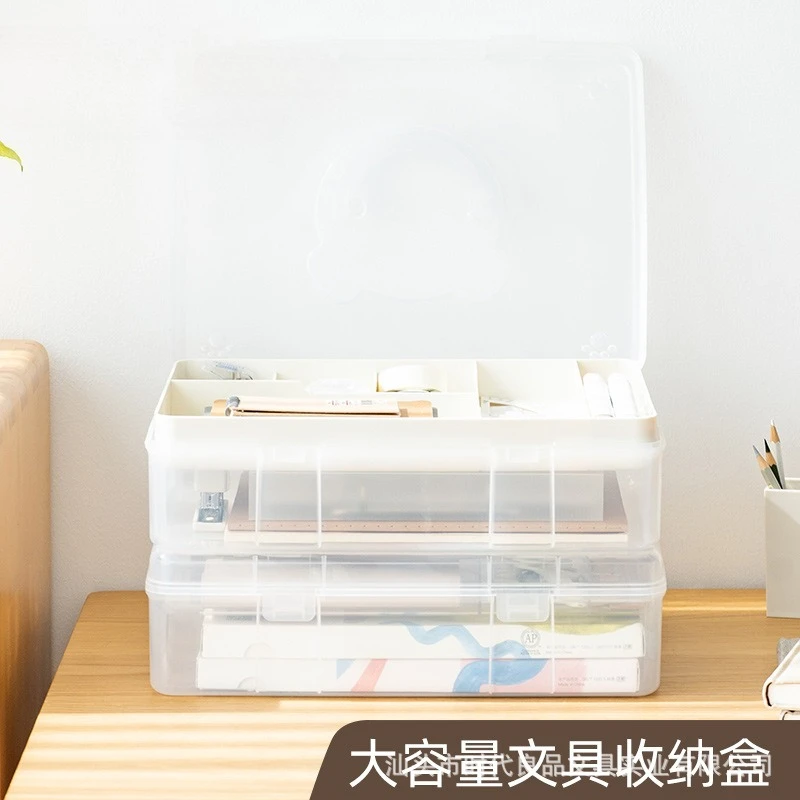 Bear Stationery Storage Box Student Desktop Sundries Grid Double-layer Transparent Plastic Storage