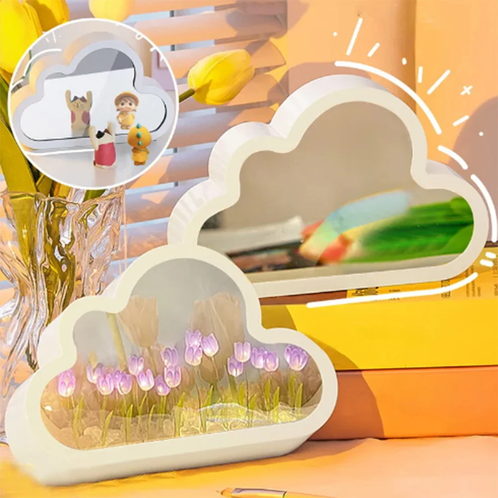 

DIY Cloud Tulip LED Night Light Girl Bedroom Ornaments Creative Photo Frame Mirror Table Lamps Bedside Handmade Birthday Gifts