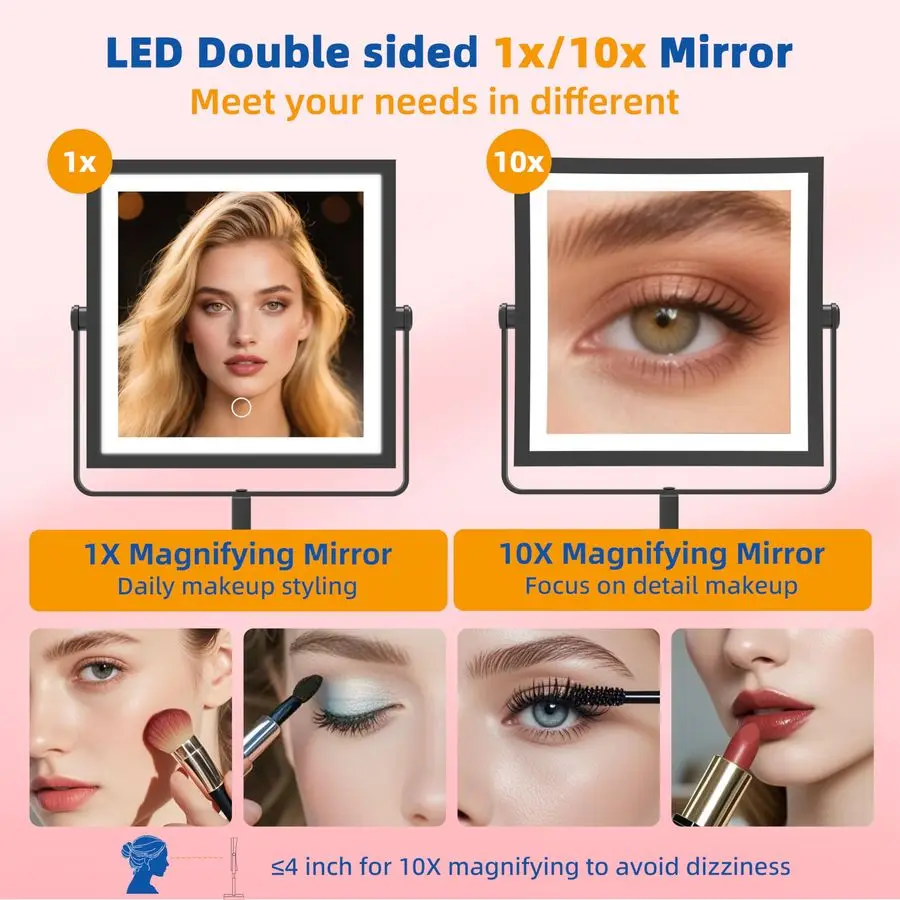 Specchio cosmetico con luci, amplificatore in altezza Luminosità regolabile, Specchio per trucco illuminato ricaricabile da 4000 mAh con ingrandimento 1X 10