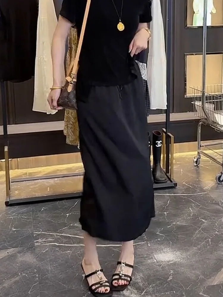 plus Size Women's Satin A-Line Midi Skirt Summer Slimming High Waist Split Straight Cut Casual  Shape Pear Shape Waistline view 4