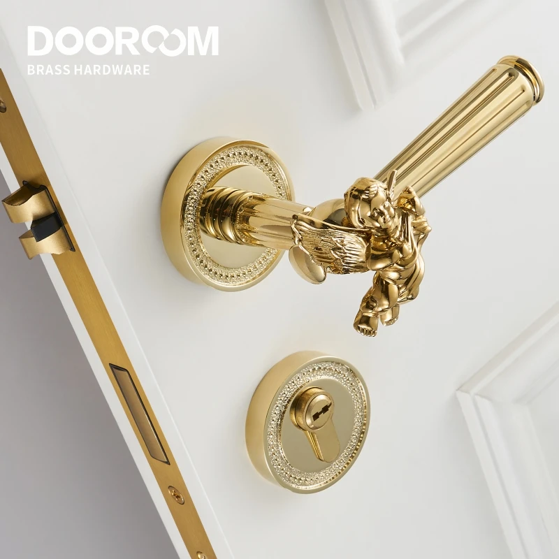 

Dooroom Brass Door Lever Set Shiny Gold Bright Chrome Angel Interior Bedroom Bathroom Double Wood Door Lever Dummy Passage