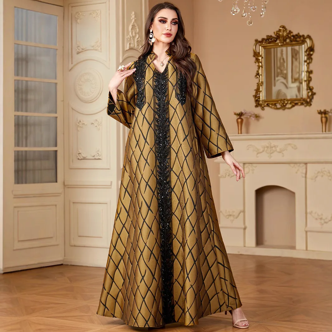 4153 large swing V-neck long skirt Muslim robe new fashion jacquard women's long sleeved dress