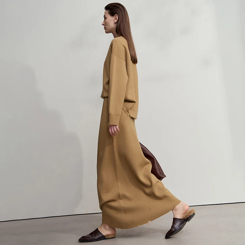 Amii saias para mulheres 2025 outono nova cor sólida commuter solto médio e longo camisola longo assimétrico midi vestido 12554006