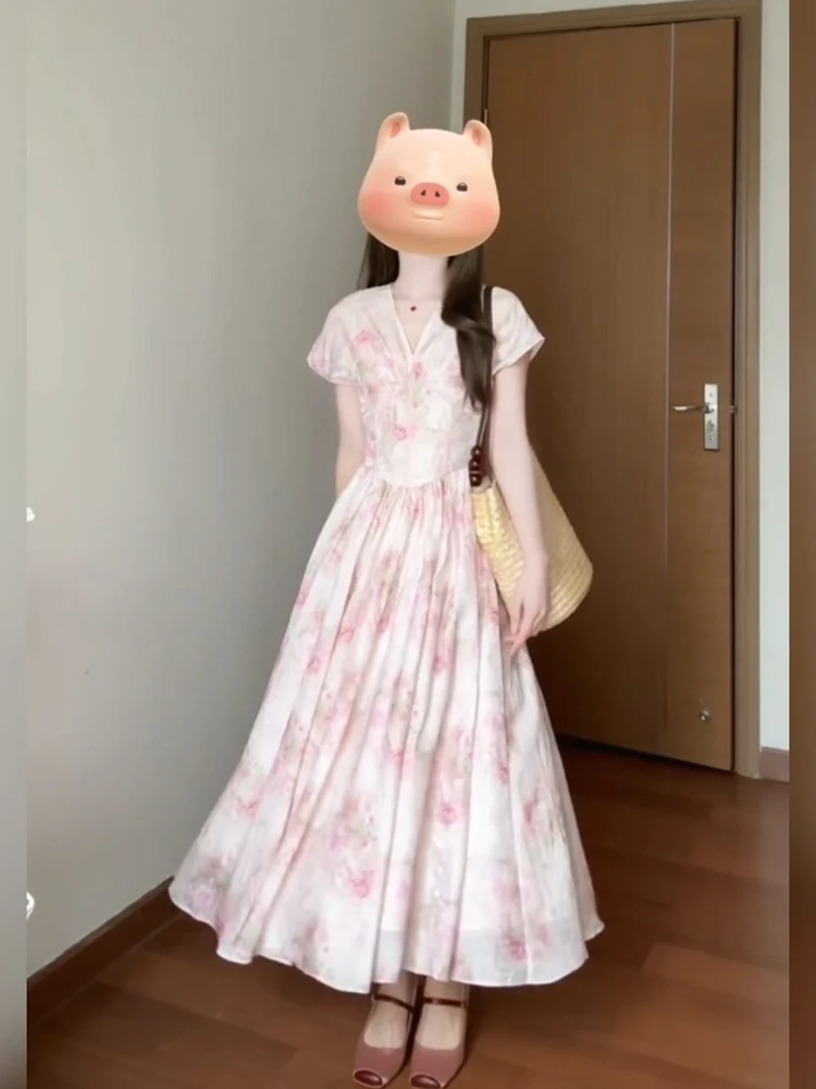 

XZY Ele Floral Print V-Ne Dr Women's Summer High-End Feelings Gentle Long Skirt French Sle A-Line Polyester Fiber