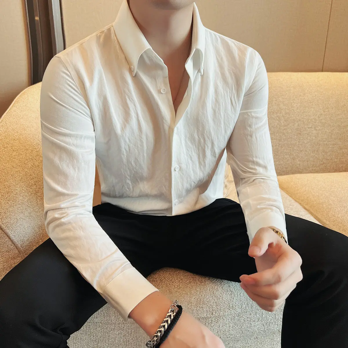 

Мужская рубашка с длинным рукавом однотонного цвета для весны и лета, деловая повседневная, формальная, для униформы, вечеринок, смокингов, мужская одежда