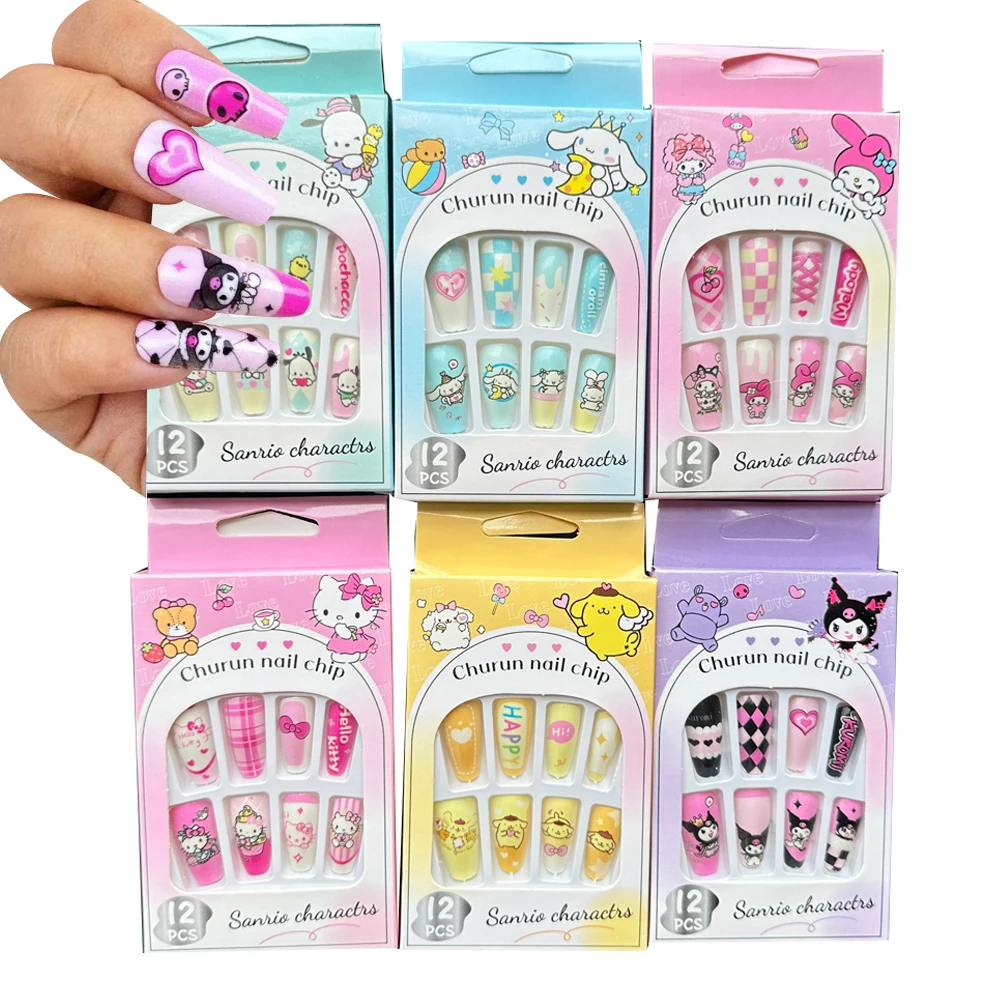 6Box(72PCS)Sanrio Hellokitty Press on Nail Tips Accessories False Nails Wear Detachable Kawaii Artificial Fingernails for Women