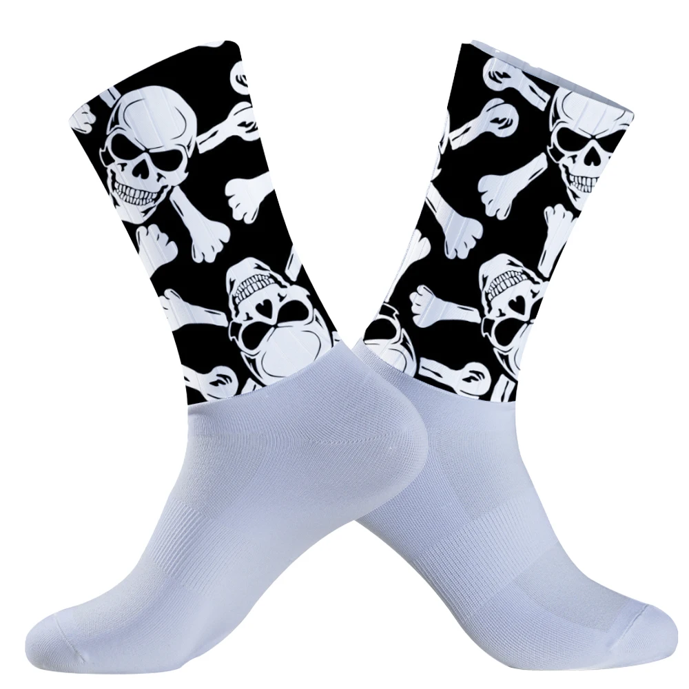 New Men Skull pattern Bicycle Sport Running Bike Socks Calcetines Anti Slip Silicone Summer Aero Socks Whiteline Cycling Socks