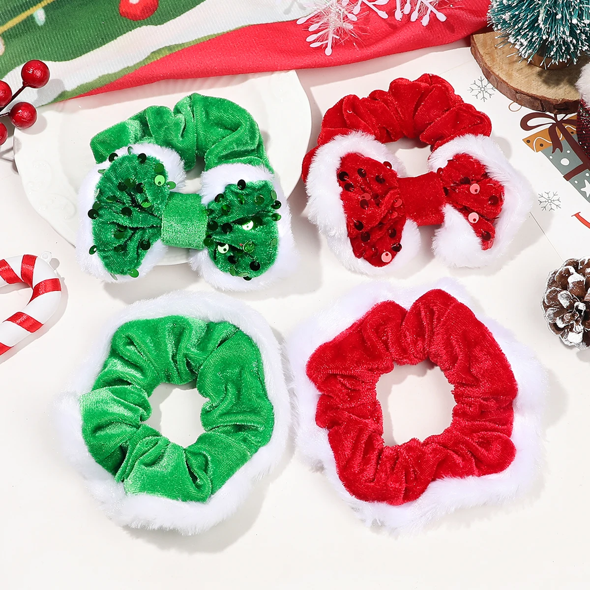 1 Pcs Christmas Bow Hair Scrunchies,Elastic Velvet Hair Bands Fuzzy Hair Ties Ropes for Women,Sequin Christmas Hair Accessories