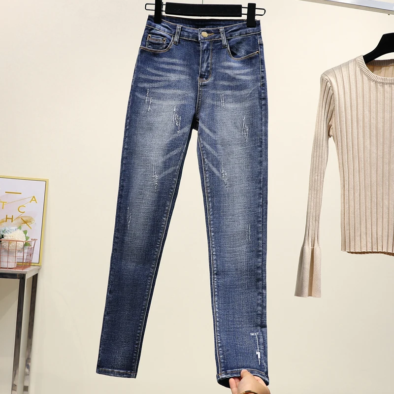 

Джинсовые облегающие брюки с высокой талией и вышивкой, женские весенние новые шаровары больших размеров, утягивающие длинные брюки, универсальные