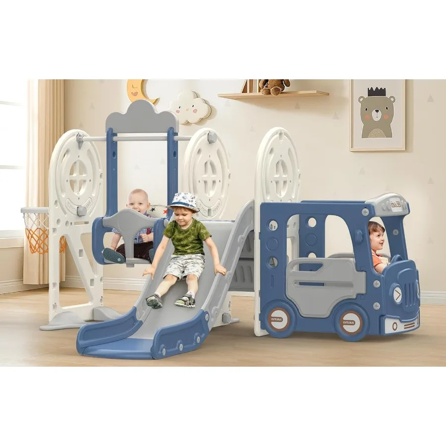 Ensemble toboggan et balançoire pour tout-petits 5 en 1, toboggan pour bébé sur le thème du Bus pour tout-petits de 13 ans, aire de jeux extérieure et intérieure pour tout-petits, bleu gris