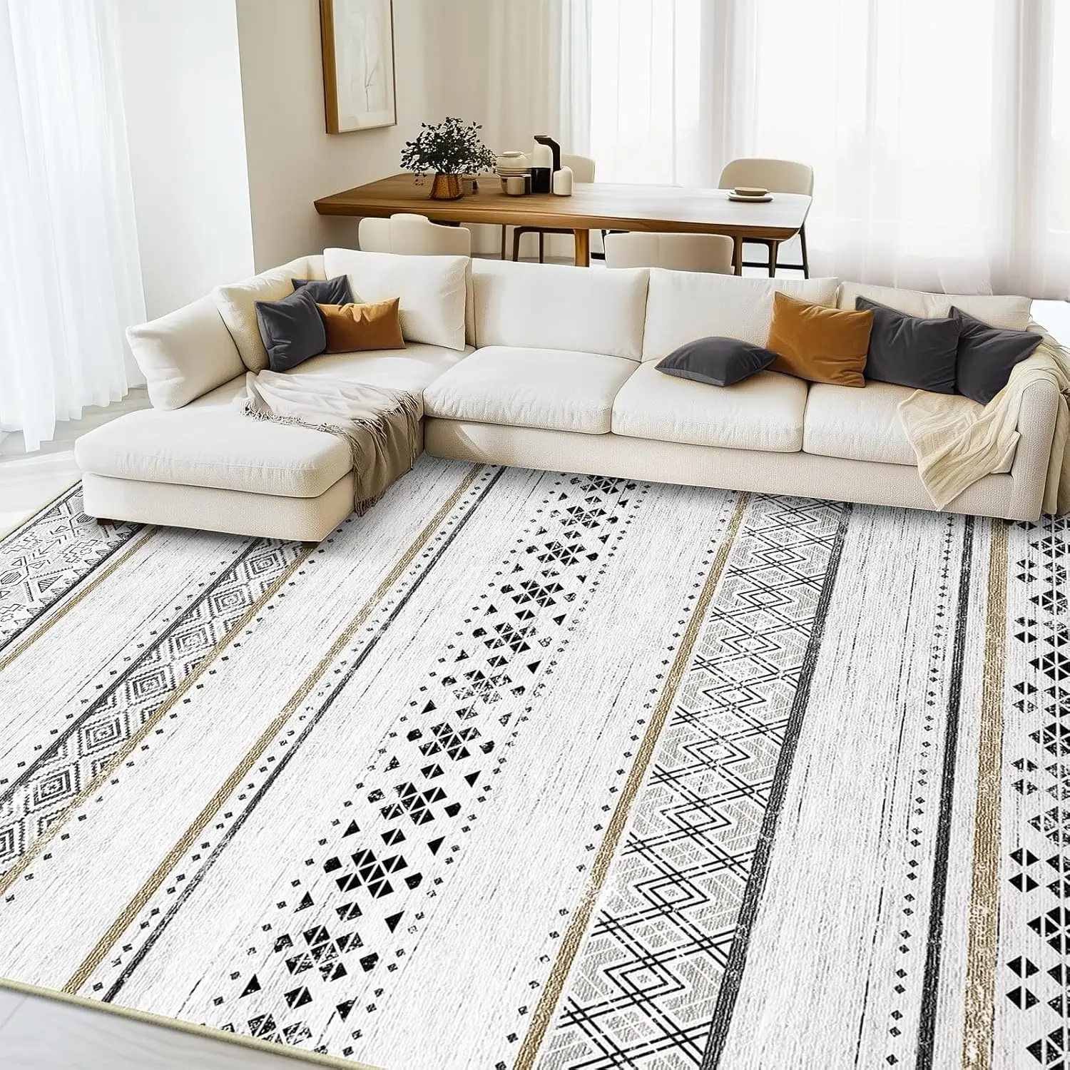 

8x10 Area Rug Washable Non-Slip Low Pile Geometric Print for Living Room Bedroom Kitchen Black/Brown
