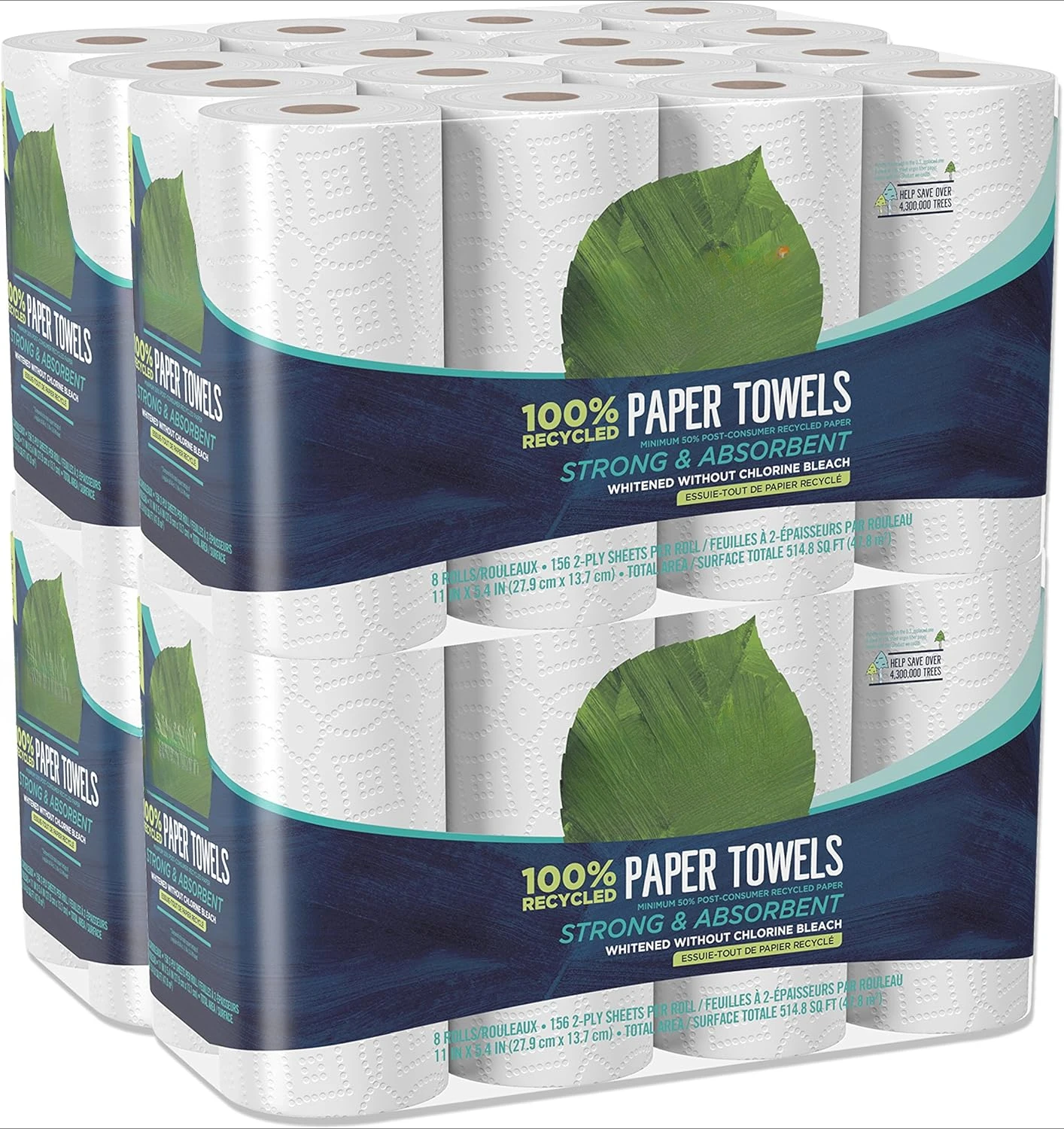 100% Recycled Paper Towels, 2-ply, 8 Count, Pack of 4